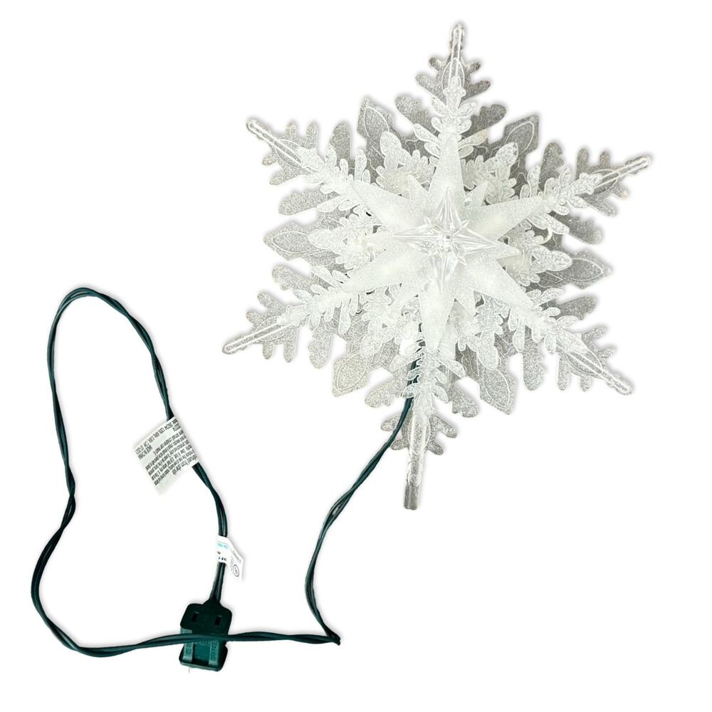 White Snowflake Light Up Christmas Tree Topper Warm White Lights Plug In 10"